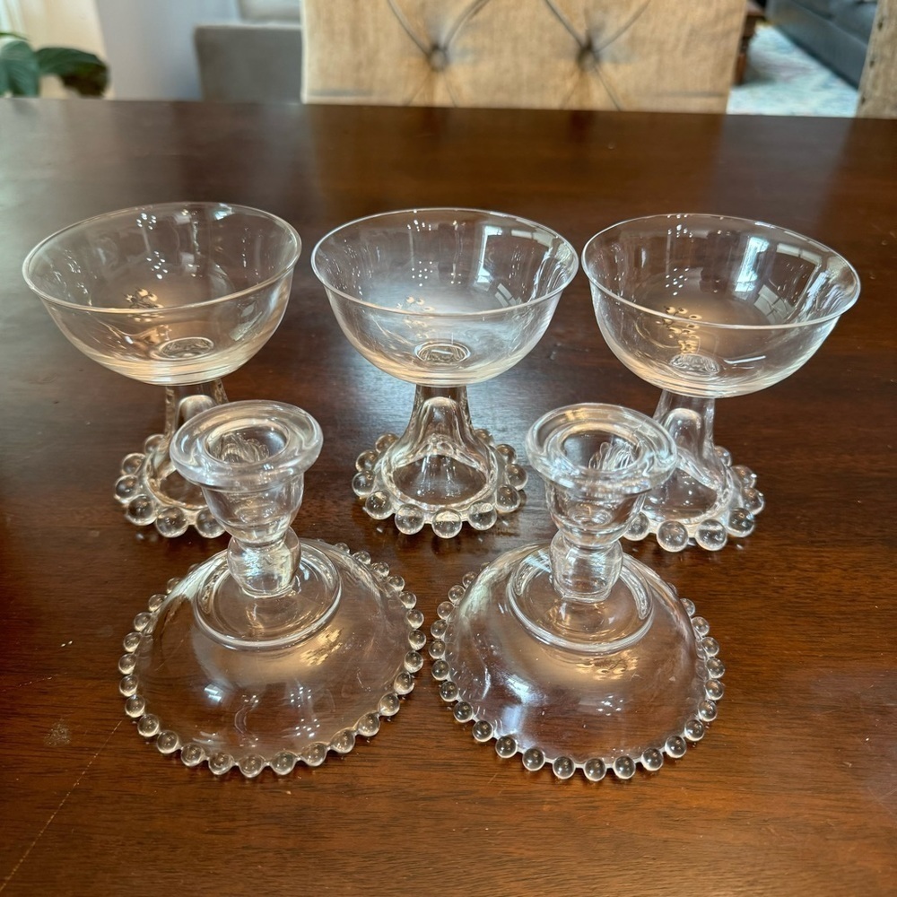 2 Clear Imperial Glass Candlewick Candle Holders & 3 Sherbert Champagne Glasses